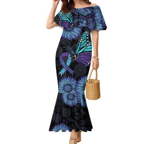 Australia Indigenous Family Matching Mermaid Dress and Hawaiian Shirt Teal & Purple Sunflower Aboriginal Arts
