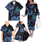 Australia Indigenous Family Matching Off The Shoulder Long Sleeve Dress and Hawaiian Shirt Teal & Purple Sunflower Aboriginal Arts