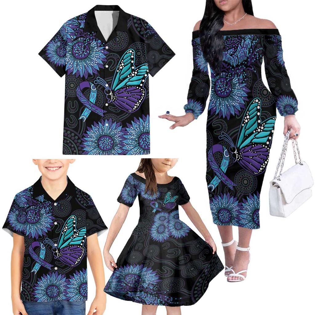 Australia Indigenous Family Matching Off The Shoulder Long Sleeve Dress and Hawaiian Shirt Teal & Purple Sunflower Aboriginal Arts