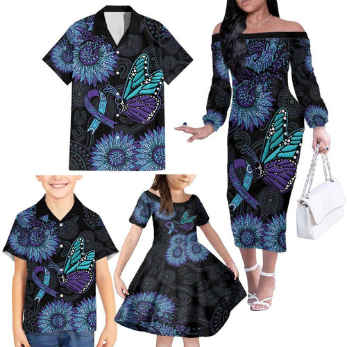 Australia Indigenous Family Matching Off The Shoulder Long Sleeve Dress and Hawaiian Shirt Teal & Purple Sunflower Aboriginal Arts