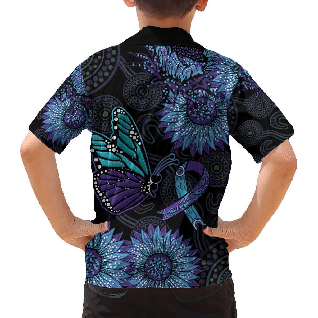 Australia Indigenous Family Matching Off The Shoulder Long Sleeve Dress and Hawaiian Shirt Teal & Purple Sunflower Aboriginal Arts