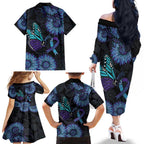 Australia Indigenous Family Matching Off The Shoulder Long Sleeve Dress and Hawaiian Shirt Teal & Purple Sunflower Aboriginal Arts