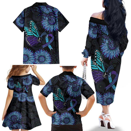 Australia Indigenous Family Matching Off The Shoulder Long Sleeve Dress and Hawaiian Shirt Teal & Purple Sunflower Aboriginal Arts
