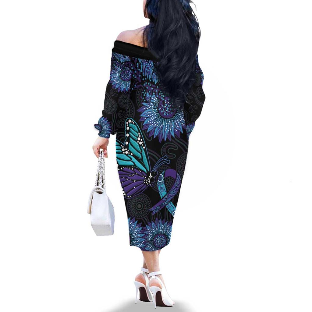 Australia Indigenous Family Matching Off The Shoulder Long Sleeve Dress and Hawaiian Shirt Teal & Purple Sunflower Aboriginal Arts