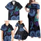 Australia Indigenous Family Matching Off Shoulder Maxi Dress and Hawaiian Shirt Teal & Purple Sunflower Aboriginal Arts