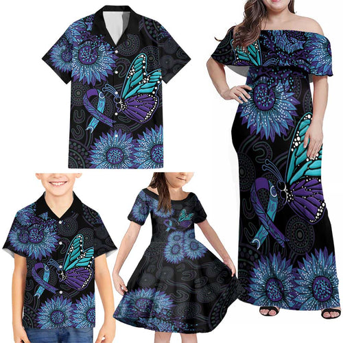 Australia Indigenous Family Matching Off Shoulder Maxi Dress and Hawaiian Shirt Teal & Purple Sunflower Aboriginal Arts