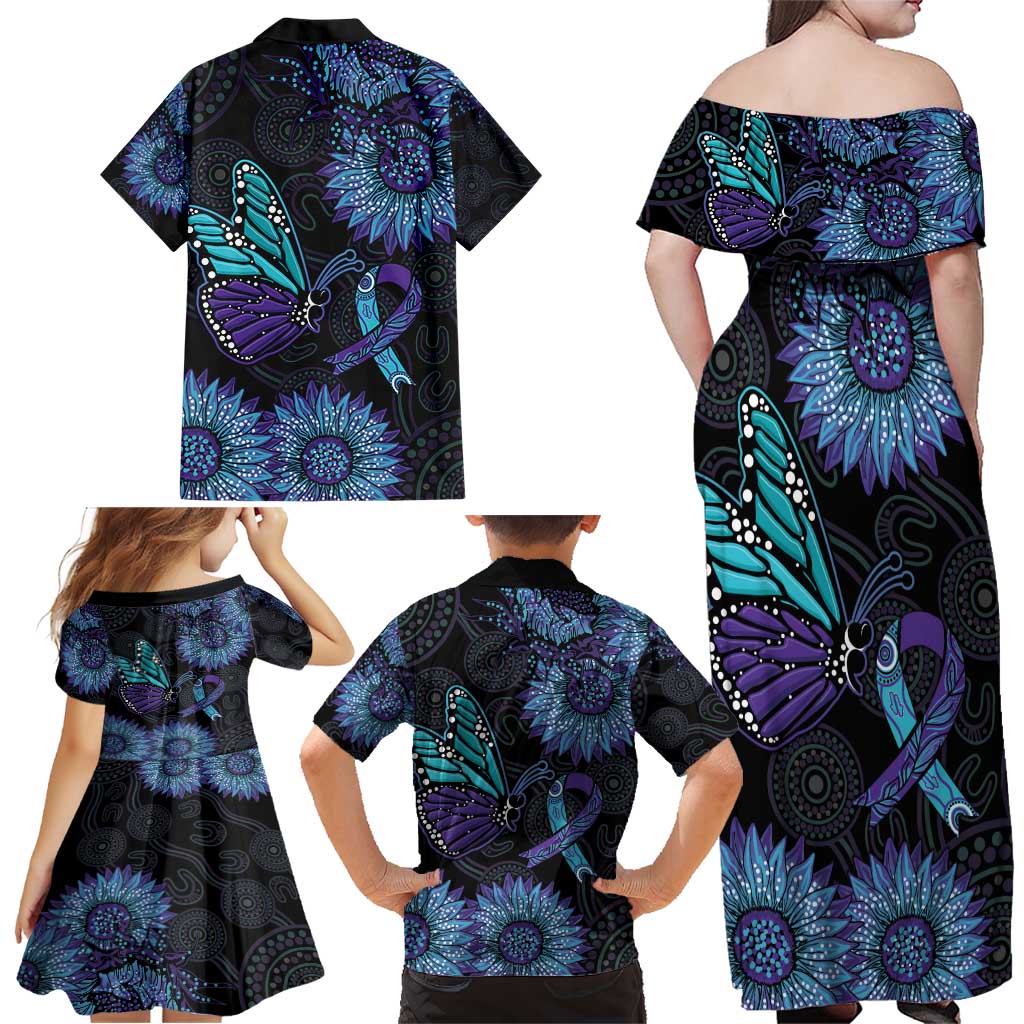 Australia Indigenous Family Matching Off Shoulder Maxi Dress and Hawaiian Shirt Teal & Purple Sunflower Aboriginal Arts