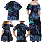 Australia Indigenous Family Matching Off Shoulder Maxi Dress and Hawaiian Shirt Teal & Purple Sunflower Aboriginal Arts