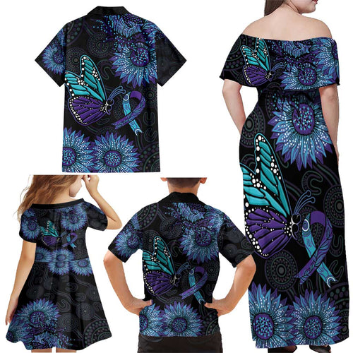 Australia Indigenous Family Matching Off Shoulder Maxi Dress and Hawaiian Shirt Teal & Purple Sunflower Aboriginal Arts