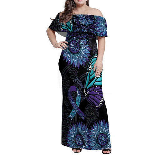 Australia Indigenous Family Matching Off Shoulder Maxi Dress and Hawaiian Shirt Teal & Purple Sunflower Aboriginal Arts