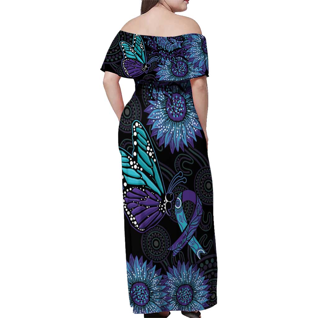 Australia Indigenous Family Matching Off Shoulder Maxi Dress and Hawaiian Shirt Teal & Purple Sunflower Aboriginal Arts