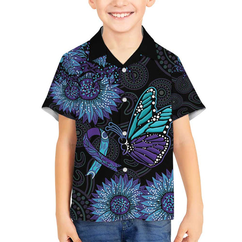 Australia Indigenous Family Matching Off Shoulder Maxi Dress and Hawaiian Shirt Teal & Purple Sunflower Aboriginal Arts