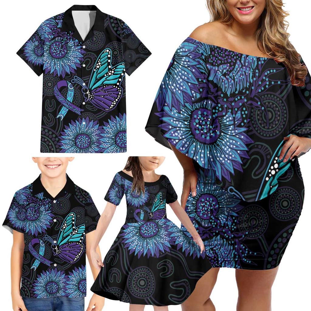 Australia Indigenous Family Matching Off Shoulder Short Dress and Hawaiian Shirt Teal & Purple Sunflower Aboriginal Arts