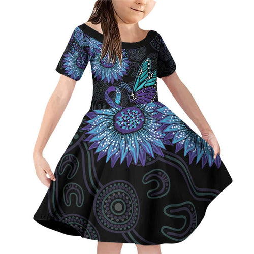 Australia Indigenous Family Matching Off Shoulder Short Dress and Hawaiian Shirt Teal & Purple Sunflower Aboriginal Arts