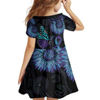 Australia Indigenous Family Matching Off Shoulder Short Dress and Hawaiian Shirt Teal & Purple Sunflower Aboriginal Arts