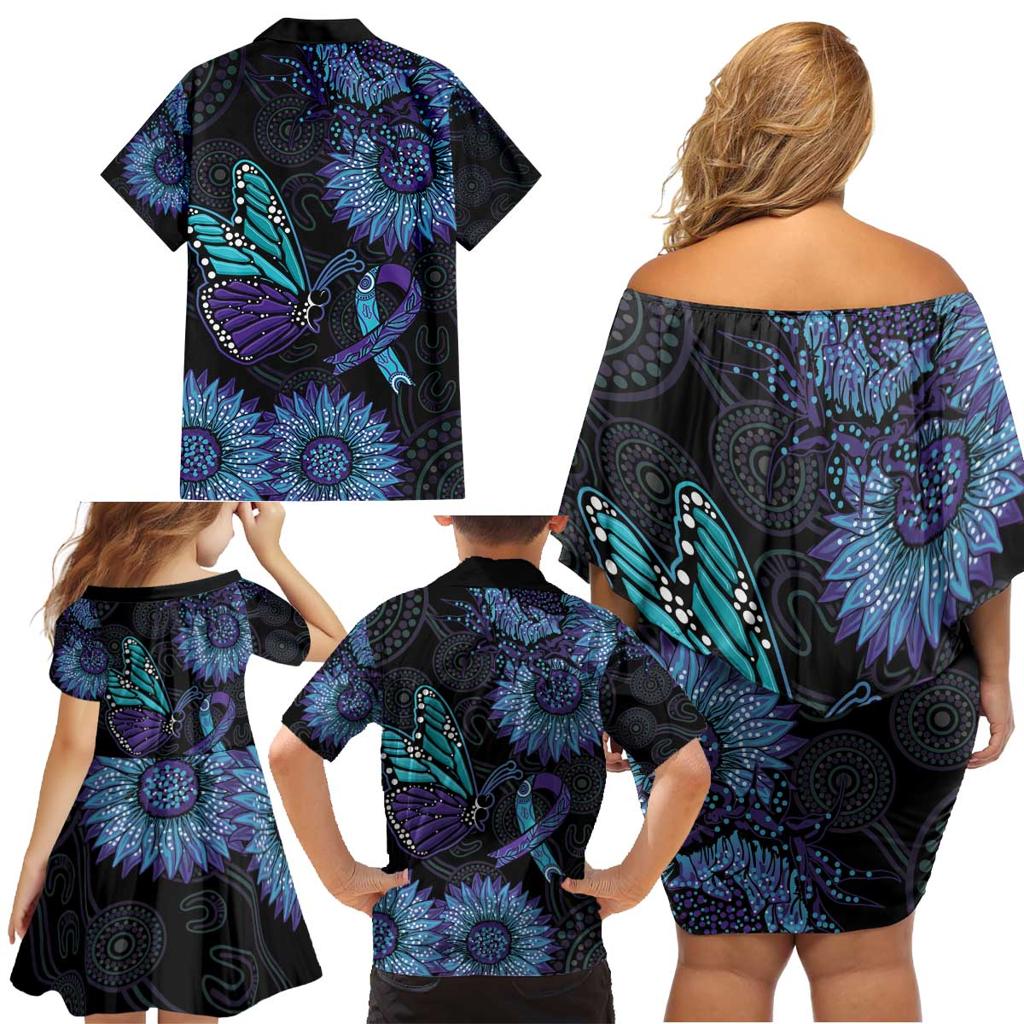 Australia Indigenous Family Matching Off Shoulder Short Dress and Hawaiian Shirt Teal & Purple Sunflower Aboriginal Arts