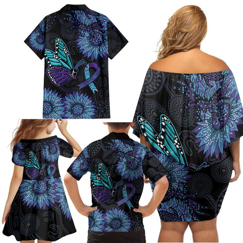 Australia Indigenous Family Matching Off Shoulder Short Dress and Hawaiian Shirt Teal & Purple Sunflower Aboriginal Arts