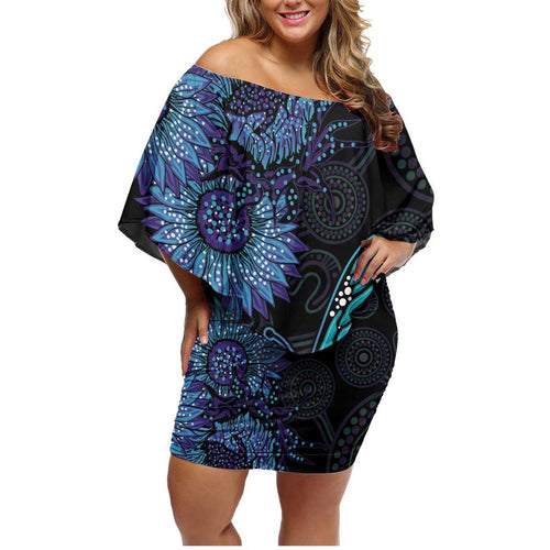 Australia Indigenous Family Matching Off Shoulder Short Dress and Hawaiian Shirt Teal & Purple Sunflower Aboriginal Arts