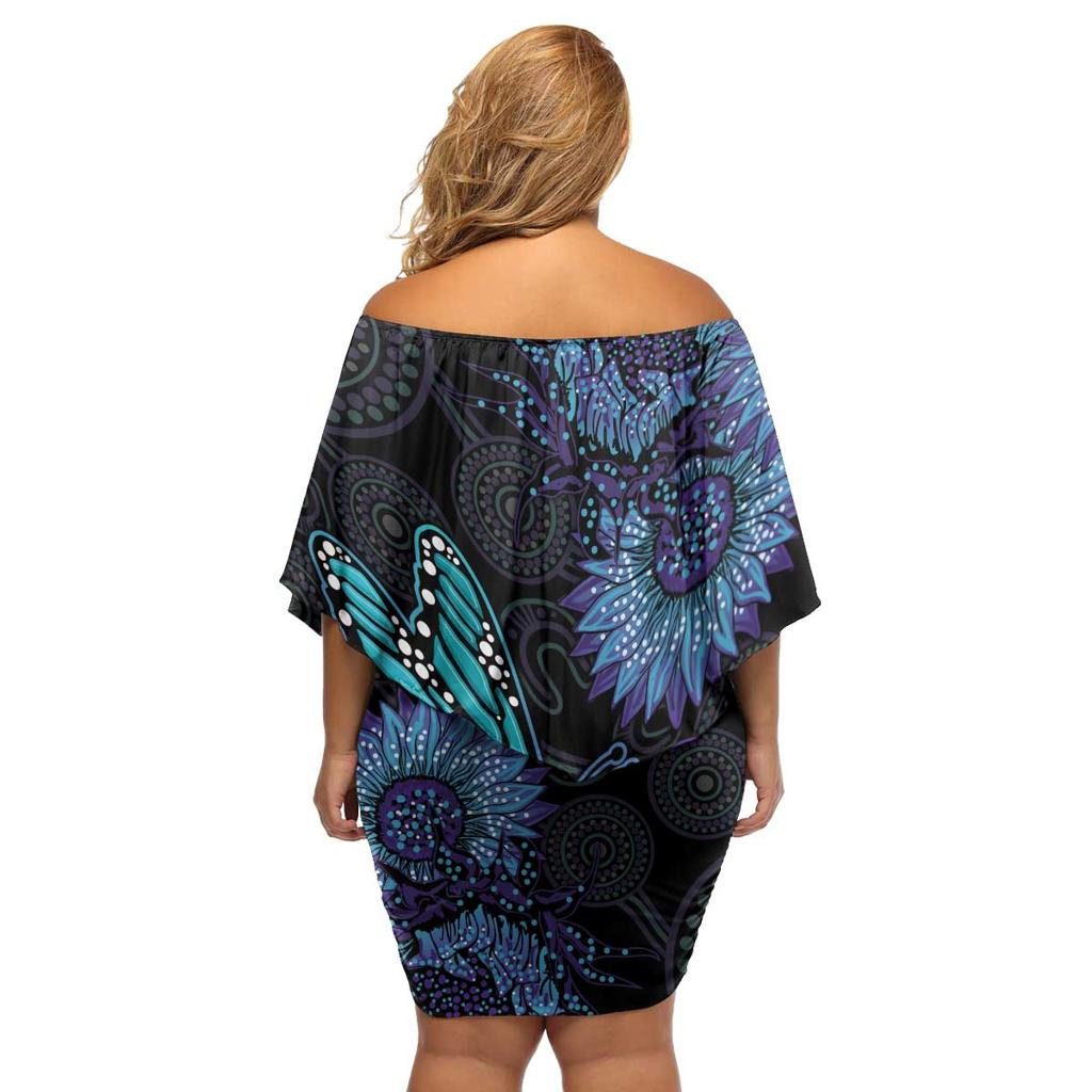 Australia Indigenous Family Matching Off Shoulder Short Dress and Hawaiian Shirt Teal & Purple Sunflower Aboriginal Arts