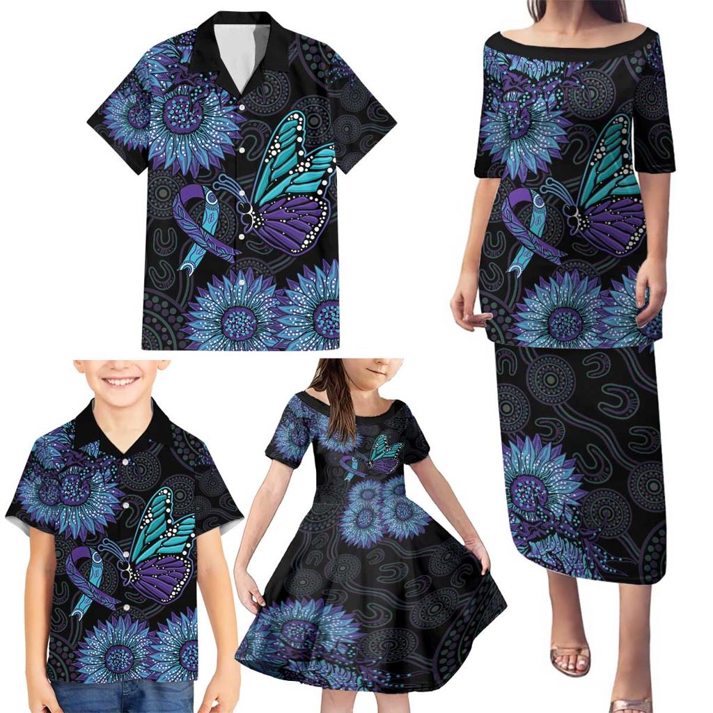 Australia Indigenous Family Matching Puletasi and Hawaiian Shirt Teal & Purple Sunflower Aboriginal Arts