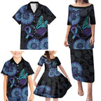 Australia Indigenous Family Matching Puletasi and Hawaiian Shirt Teal & Purple Sunflower Aboriginal Arts
