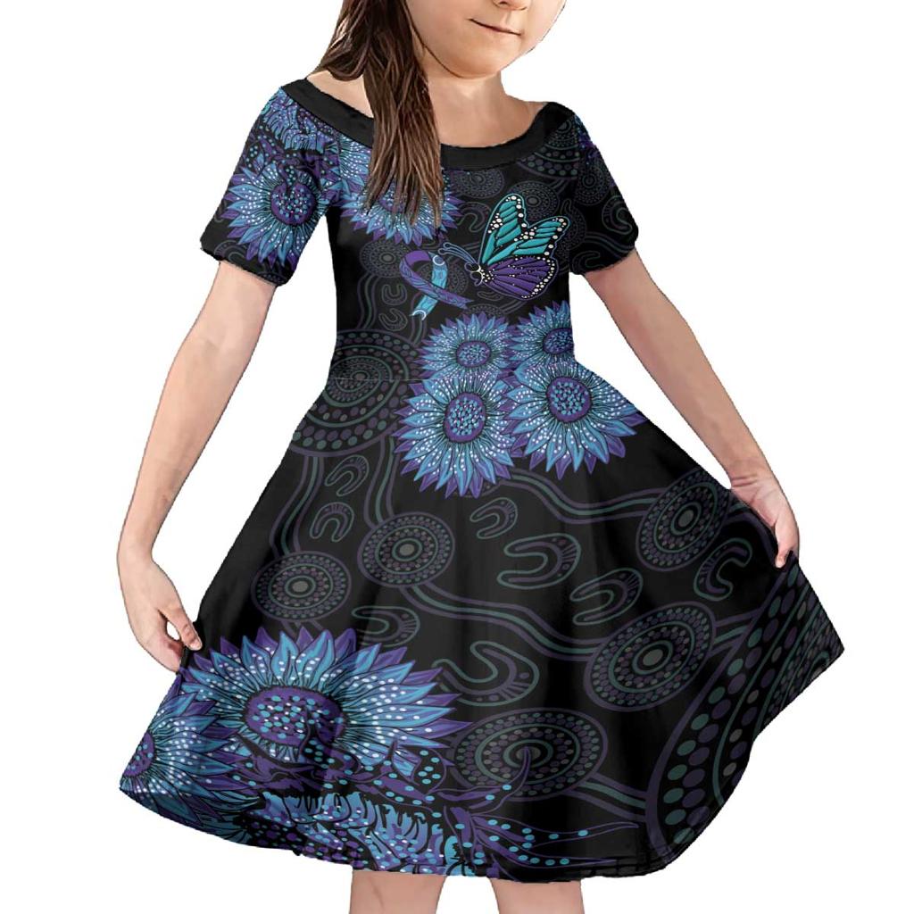 Australia Indigenous Family Matching Puletasi and Hawaiian Shirt Teal & Purple Sunflower Aboriginal Arts