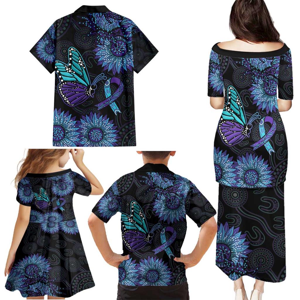 Australia Indigenous Family Matching Puletasi and Hawaiian Shirt Teal & Purple Sunflower Aboriginal Arts