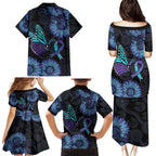 Australia Indigenous Family Matching Puletasi and Hawaiian Shirt Teal & Purple Sunflower Aboriginal Arts