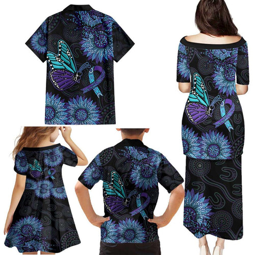 Australia Indigenous Family Matching Puletasi and Hawaiian Shirt Teal & Purple Sunflower Aboriginal Arts