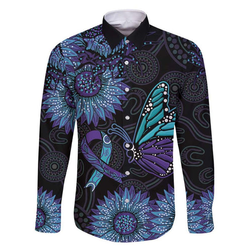 Australia Indigenous Family Matching Puletasi and Hawaiian Shirt Teal & Purple Sunflower Aboriginal Arts