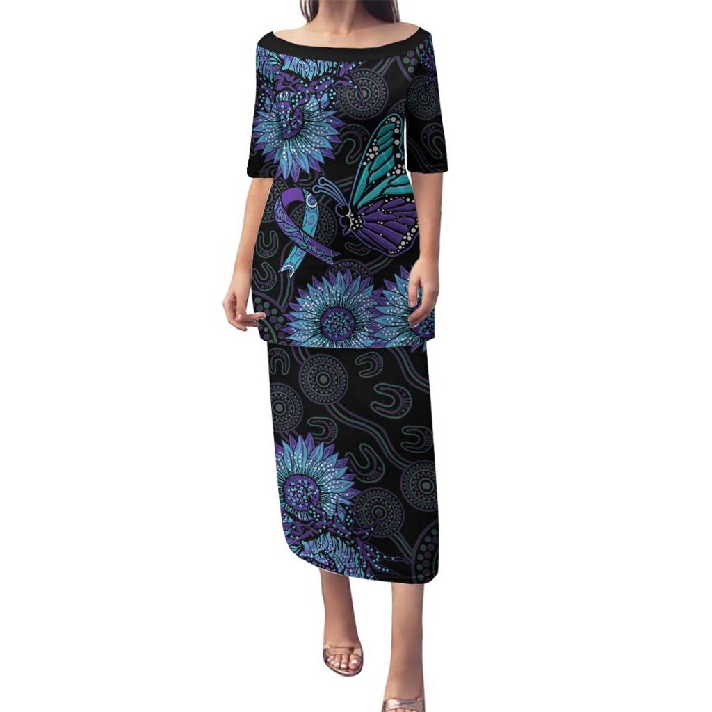 Australia Indigenous Family Matching Puletasi and Hawaiian Shirt Teal & Purple Sunflower Aboriginal Arts