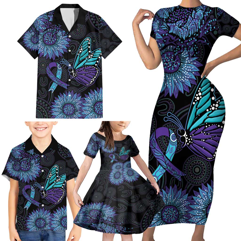 Australia Indigenous Family Matching Short Sleeve Bodycon Dress and Hawaiian Shirt Teal & Purple Sunflower Aboriginal Arts