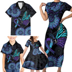 Australia Indigenous Family Matching Short Sleeve Bodycon Dress and Hawaiian Shirt Teal & Purple Sunflower Aboriginal Arts