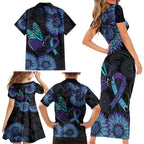Australia Indigenous Family Matching Short Sleeve Bodycon Dress and Hawaiian Shirt Teal & Purple Sunflower Aboriginal Arts