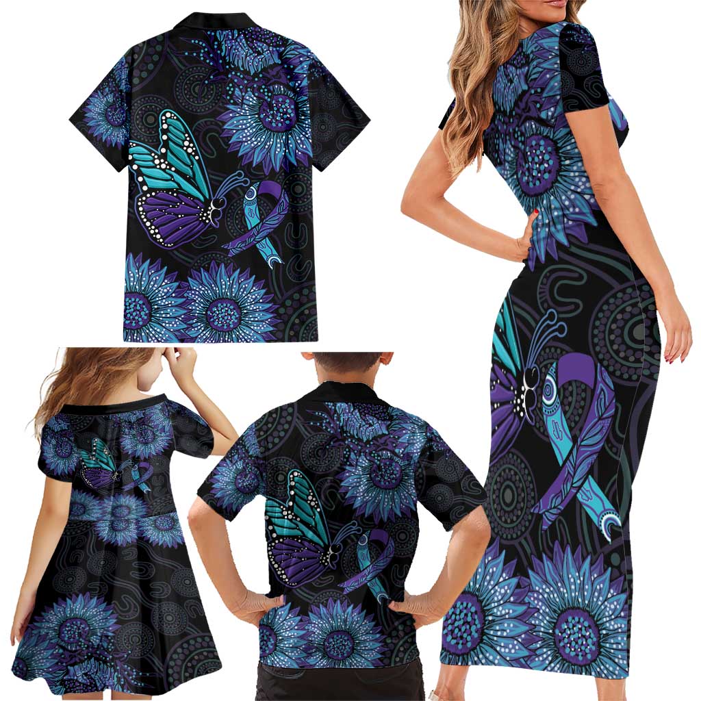 Australia Indigenous Family Matching Short Sleeve Bodycon Dress and Hawaiian Shirt Teal & Purple Sunflower Aboriginal Arts