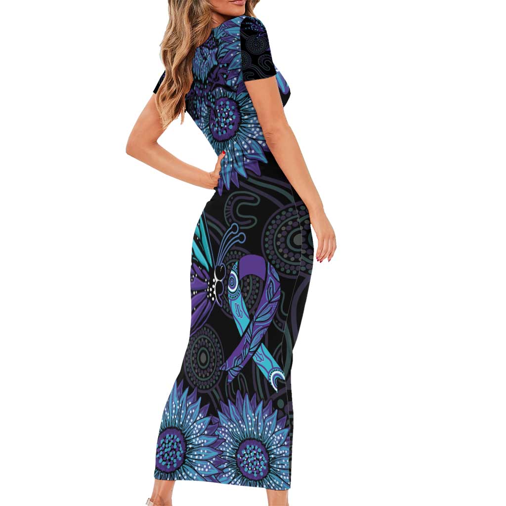 Australia Indigenous Family Matching Short Sleeve Bodycon Dress and Hawaiian Shirt Teal & Purple Sunflower Aboriginal Arts
