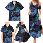 Australia Indigenous Family Matching Summer Maxi Dress and Hawaiian Shirt Teal & Purple Sunflower Aboriginal Arts