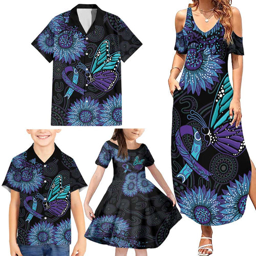 Australia Indigenous Family Matching Summer Maxi Dress and Hawaiian Shirt Teal & Purple Sunflower Aboriginal Arts