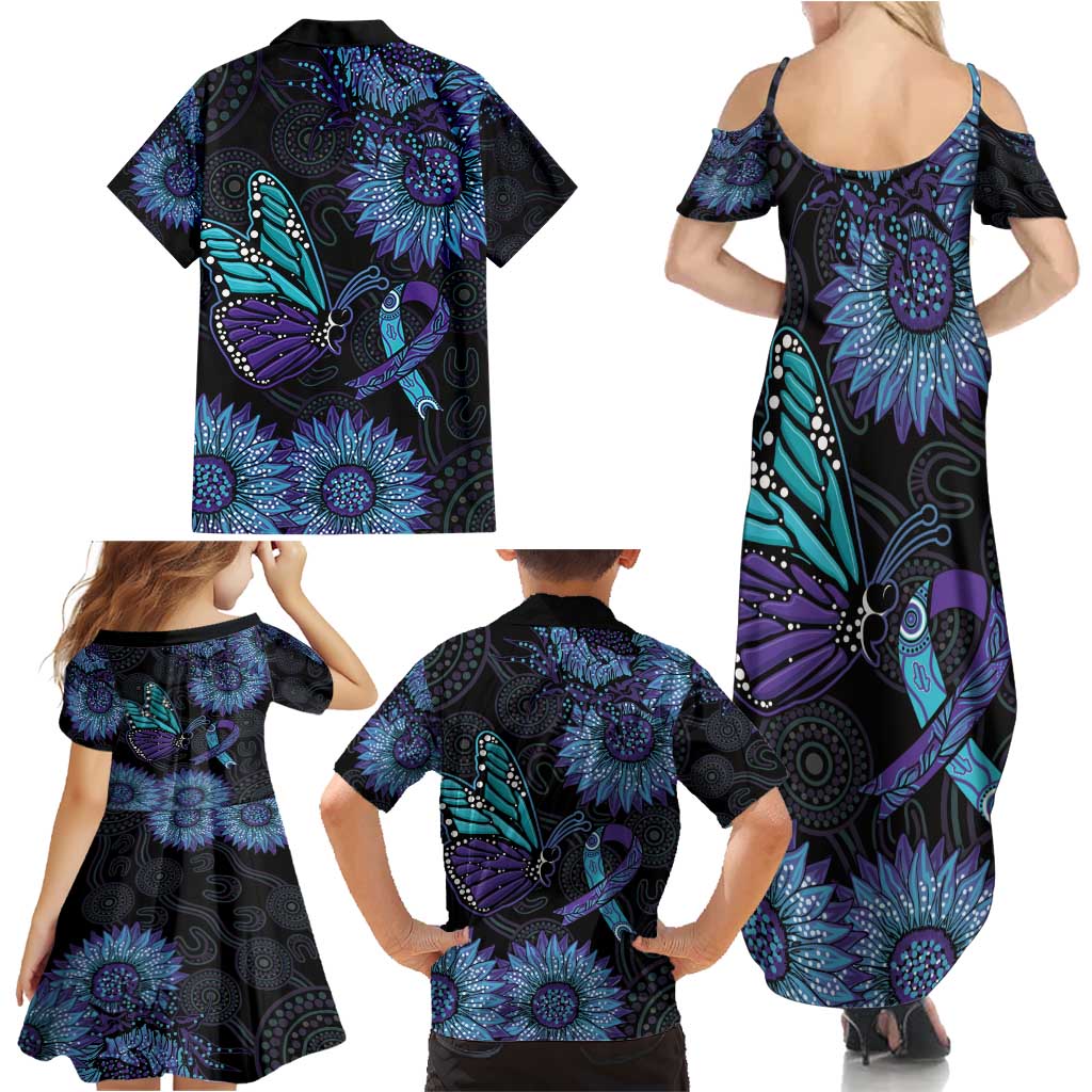 Australia Indigenous Family Matching Summer Maxi Dress and Hawaiian Shirt Teal & Purple Sunflower Aboriginal Arts
