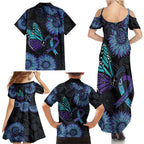 Australia Indigenous Family Matching Summer Maxi Dress and Hawaiian Shirt Teal & Purple Sunflower Aboriginal Arts
