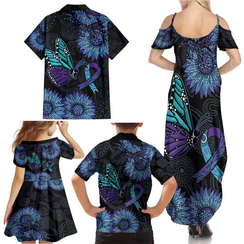 Australia Indigenous Family Matching Summer Maxi Dress and Hawaiian Shirt Teal & Purple Sunflower Aboriginal Arts
