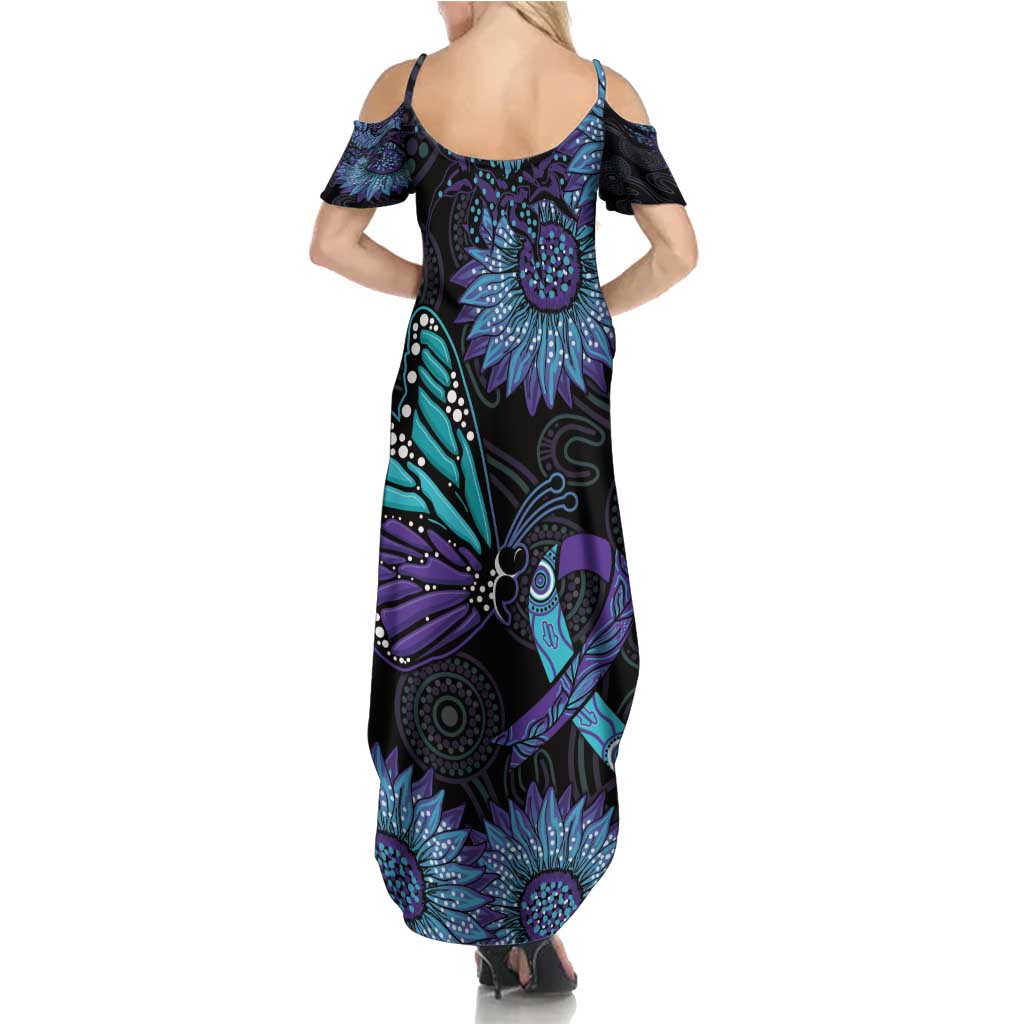 Australia Indigenous Family Matching Summer Maxi Dress and Hawaiian Shirt Teal & Purple Sunflower Aboriginal Arts