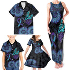 Australia Indigenous Family Matching Tank Maxi Dress and Hawaiian Shirt Teal & Purple Sunflower Aboriginal Arts