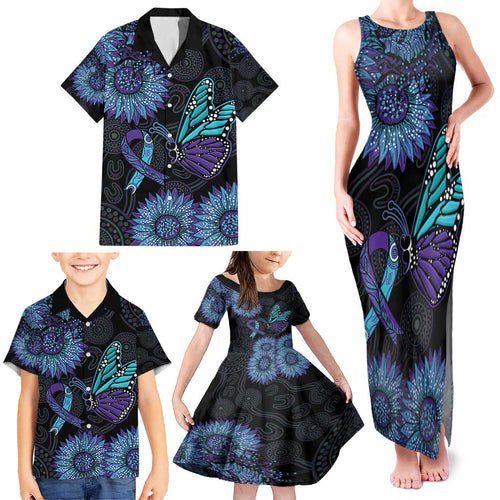 Australia Indigenous Family Matching Tank Maxi Dress and Hawaiian Shirt Teal & Purple Sunflower Aboriginal Arts