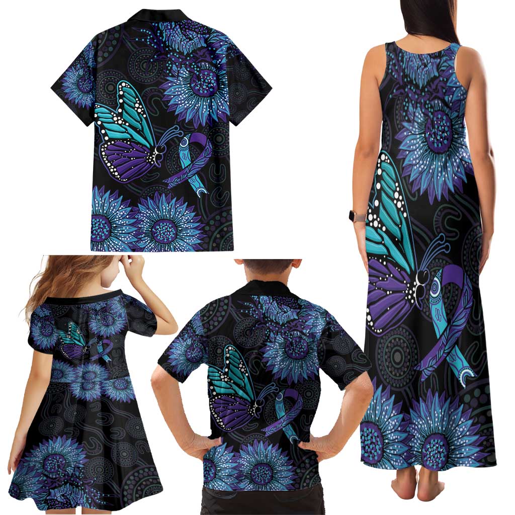 Australia Indigenous Family Matching Tank Maxi Dress and Hawaiian Shirt Teal & Purple Sunflower Aboriginal Arts