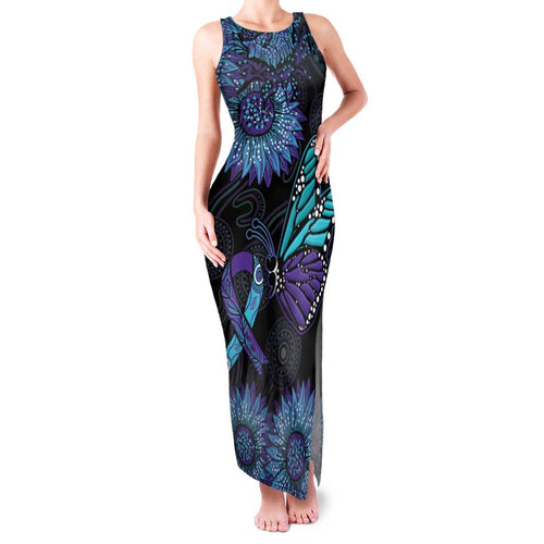 Australia Indigenous Family Matching Tank Maxi Dress and Hawaiian Shirt Teal & Purple Sunflower Aboriginal Arts