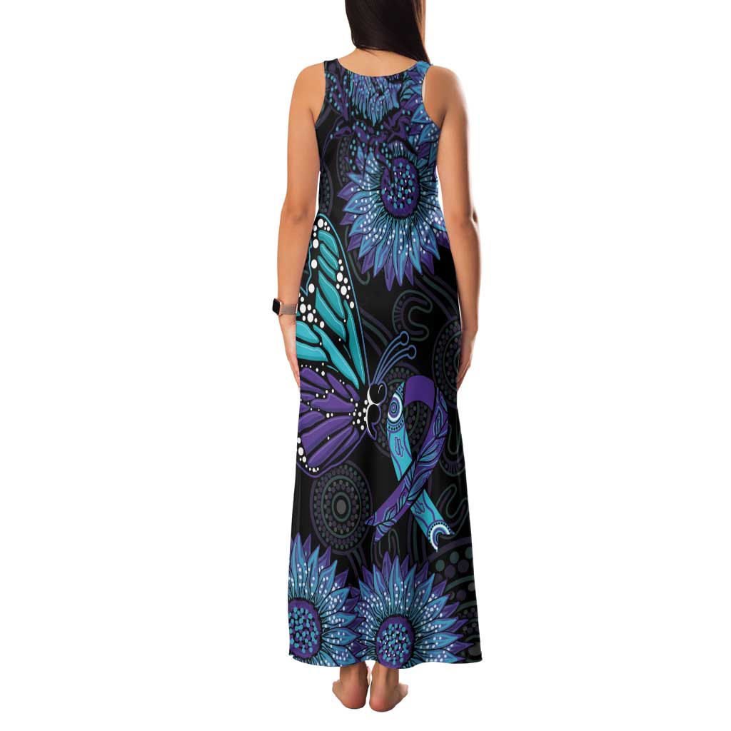 Australia Indigenous Family Matching Tank Maxi Dress and Hawaiian Shirt Teal & Purple Sunflower Aboriginal Arts