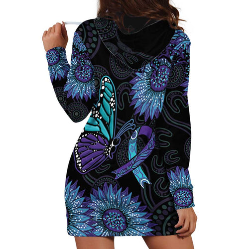 Australia Indigenous Hoodie Dress Teal & Purple Sunflower Aboriginal Arts
