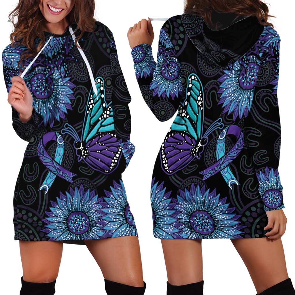 Australia Indigenous Hoodie Dress Teal & Purple Sunflower Aboriginal Arts