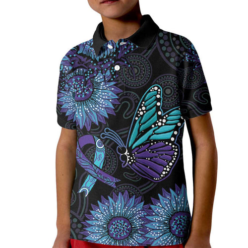 Australia Indigenous Kid Polo Shirt Teal & Purple Sunflower Aboriginal Arts